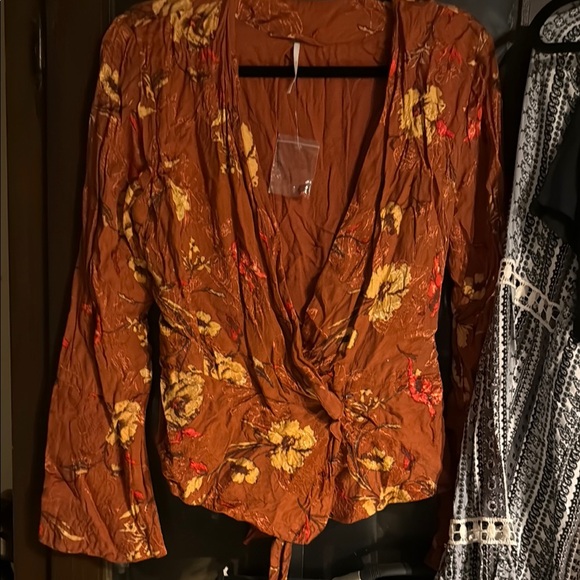 Free People Tops - Free People Orange Wrap Blouse with Tie Front and Long Sleeves